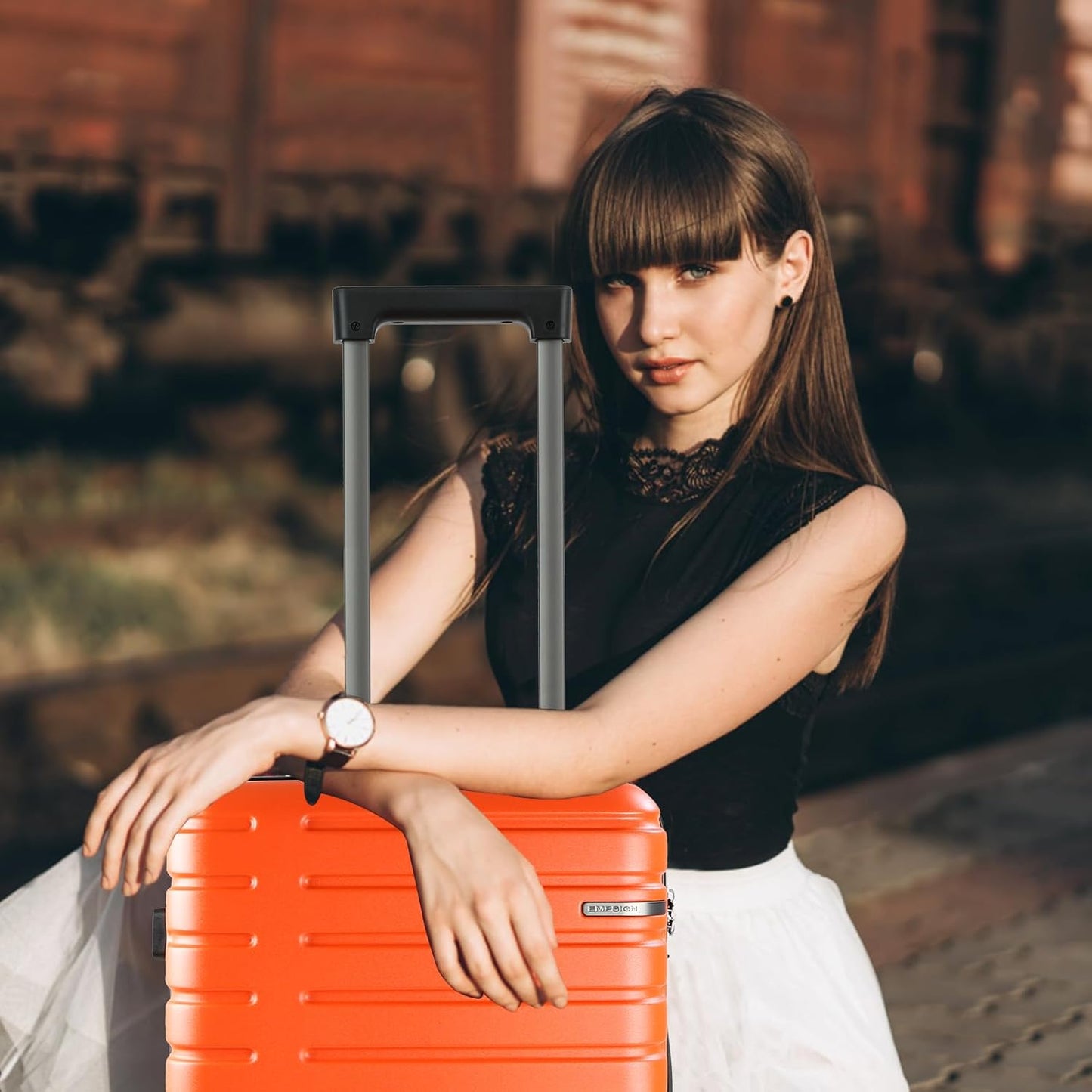 Extendable hard-shell suitcase with spinner wheels and TSA lock.