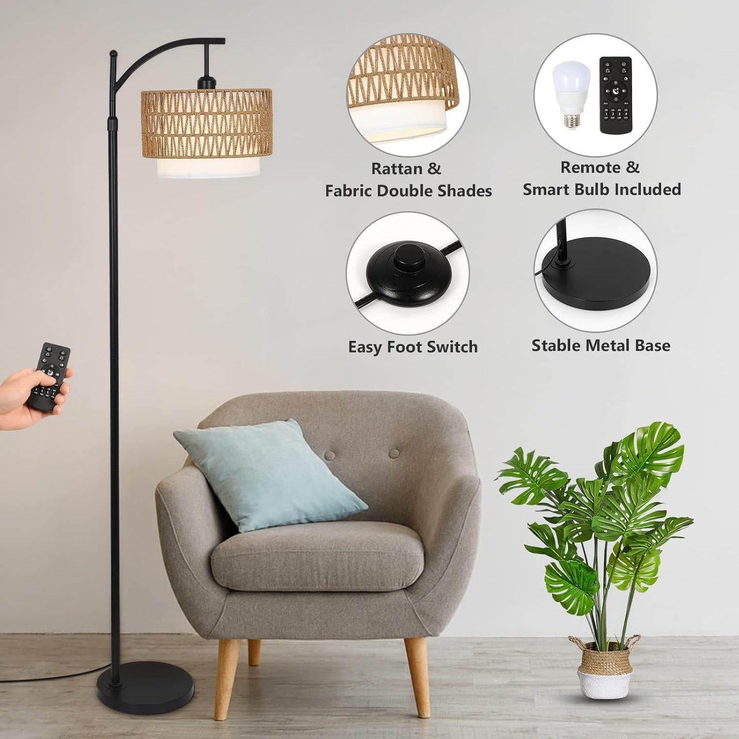 Arc floor lamp with remote control and double lampshades – Norvella