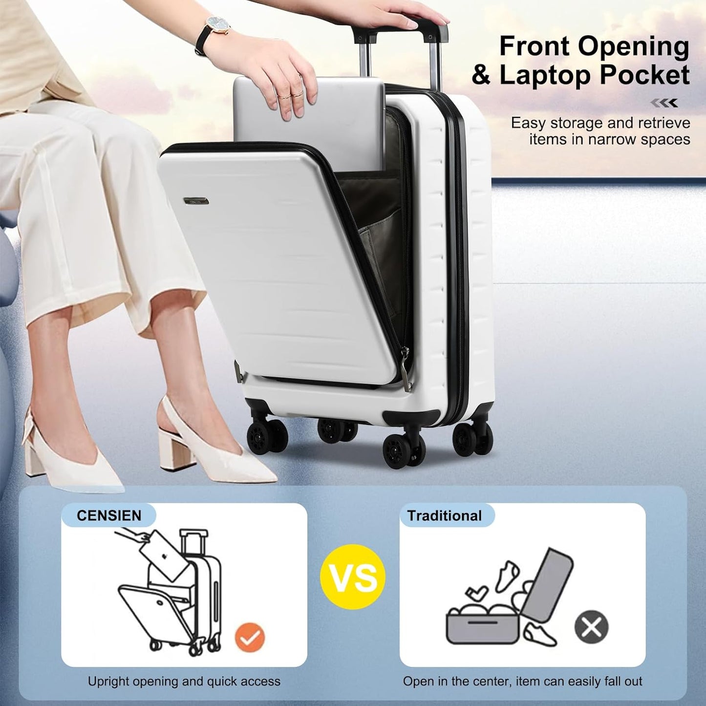Expandable hard-shell suitcase with front compartment and TSA lock.