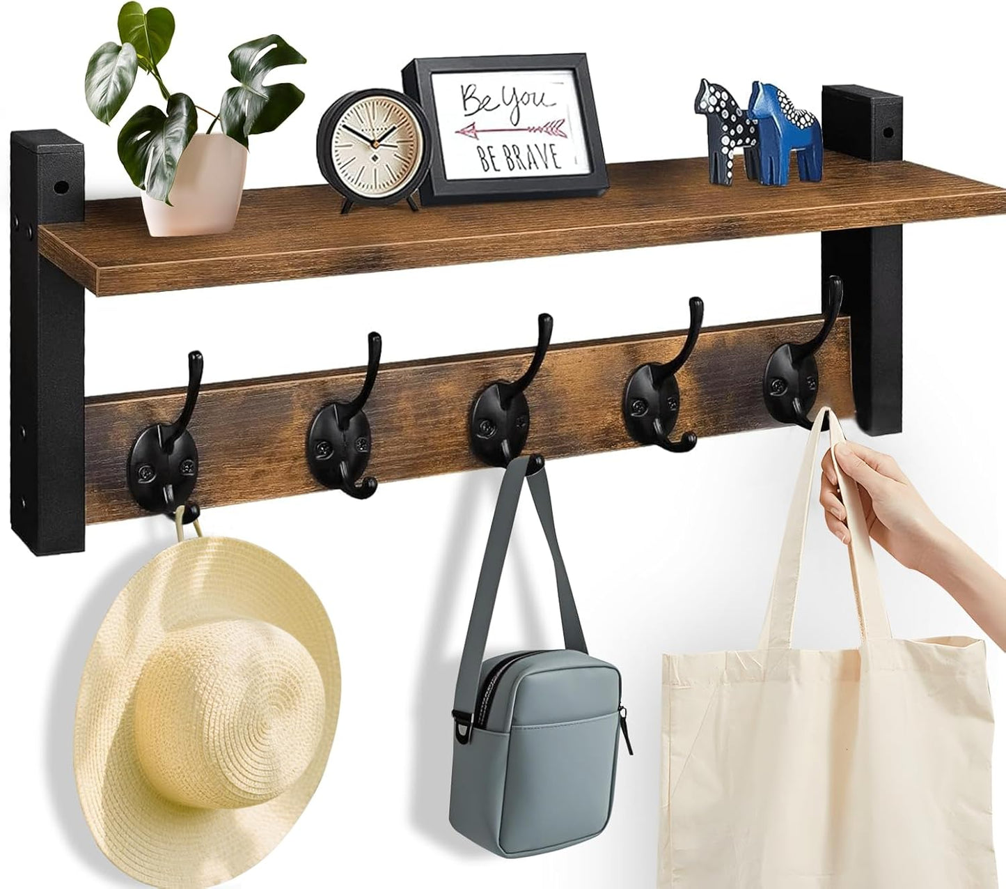 Wall-mounted coat rack with shelf and 5 metal hooks – Ravora