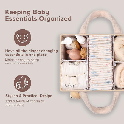 Baby Nappy Caddy Organiser – Plush Sherpa Storage Basket with Compartments – Elvoria