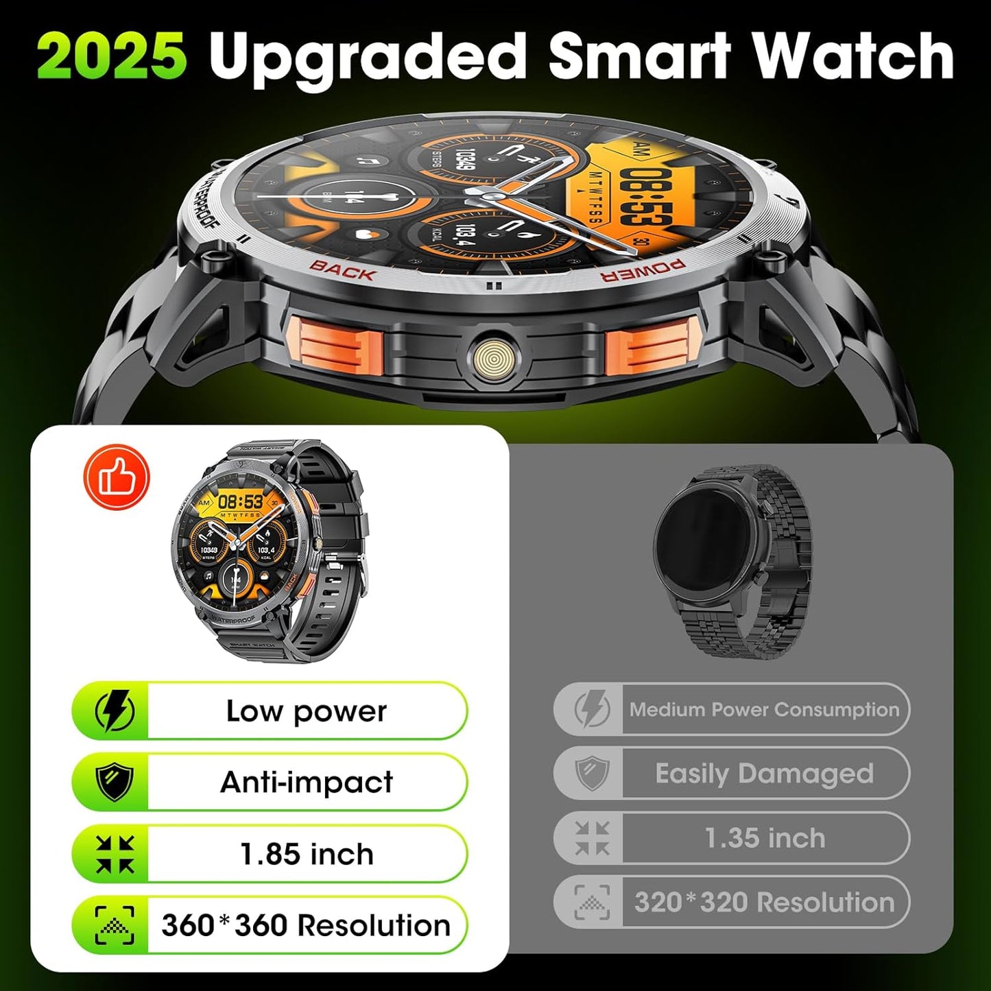 Men's military smartwatch with a 1.85-inch HD display and torch.