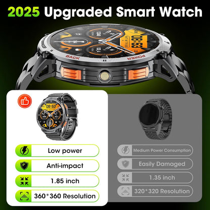 Men's military smartwatch with a 1.85-inch HD display and torch.