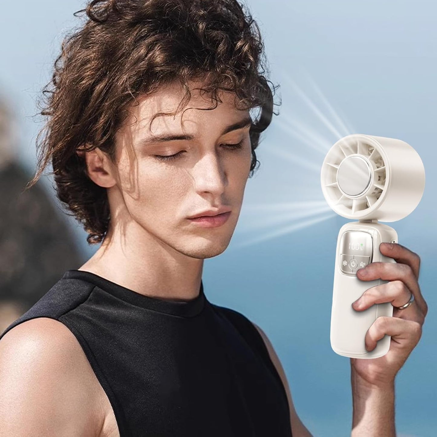 Portable, foldable hand-held fan with LED display, 100 speed settings