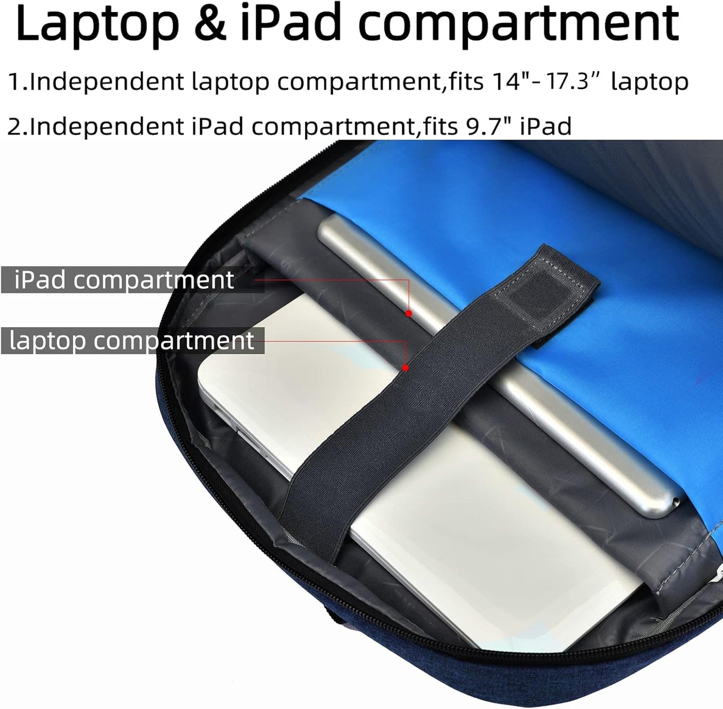 Waterproof travel laptop backpack with USB port and organised storage