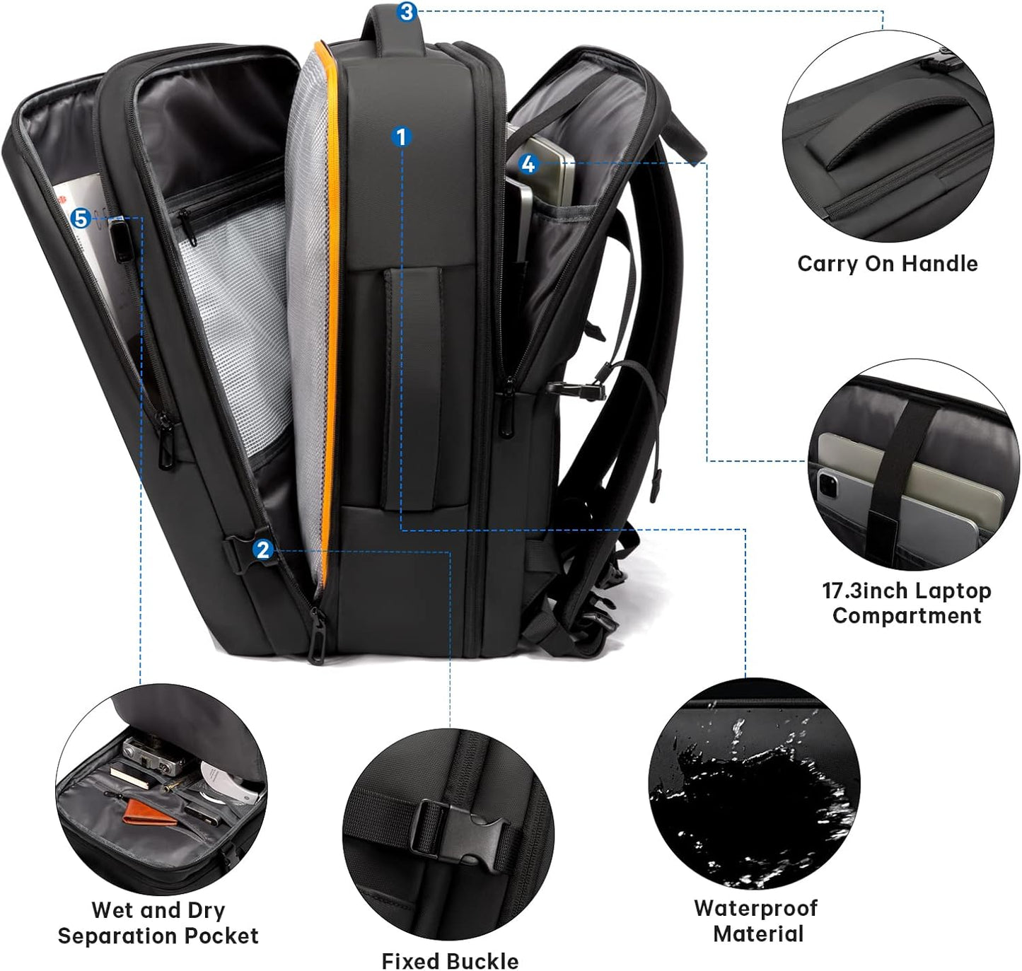 Expandable 26–45 L waterproof travel backpack with laptop compartment and duffel option.