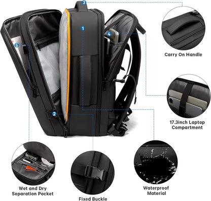 Expandable 26–45 L waterproof travel backpack with laptop compartment and duffel option.