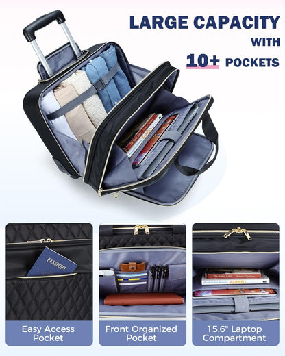 15.6" rolling suitcase for a laptop with multiple compartments and airline-approved dimensions