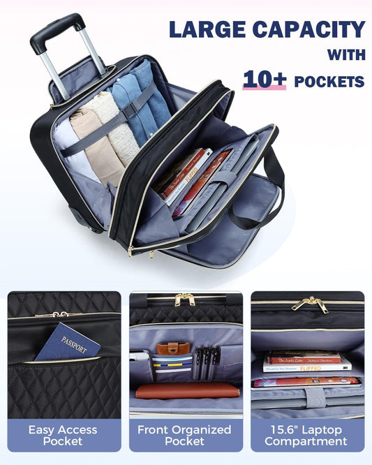 15.6" rolling suitcase for a laptop with multiple compartments and airline-approved dimensions