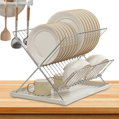 Foldable dish drainer – 2-tier kitchen drying rack with removable tray – Kelvra