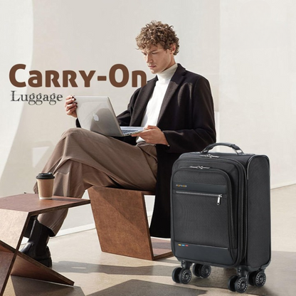 Expandable under-seat cabin bag with spinner wheels and a laptop compartment
