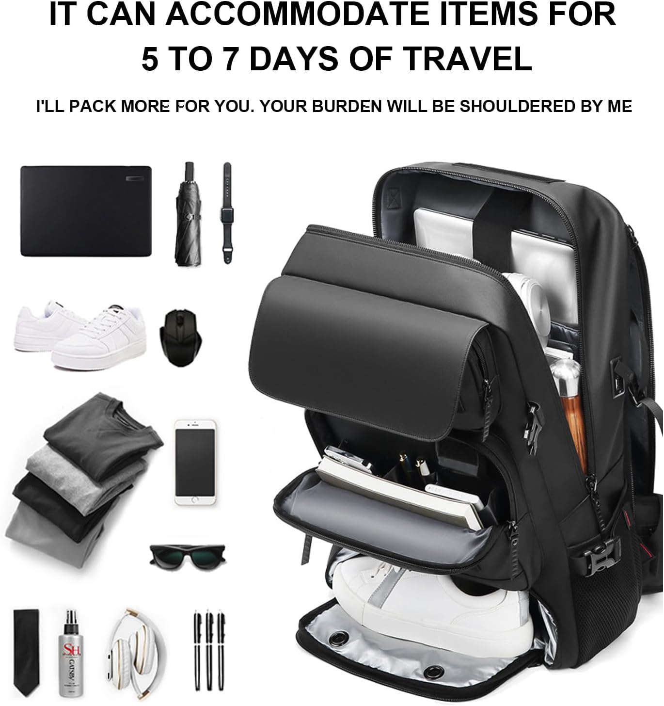 50‑litre waterproof travel rucksack with shoe compartment and USB port