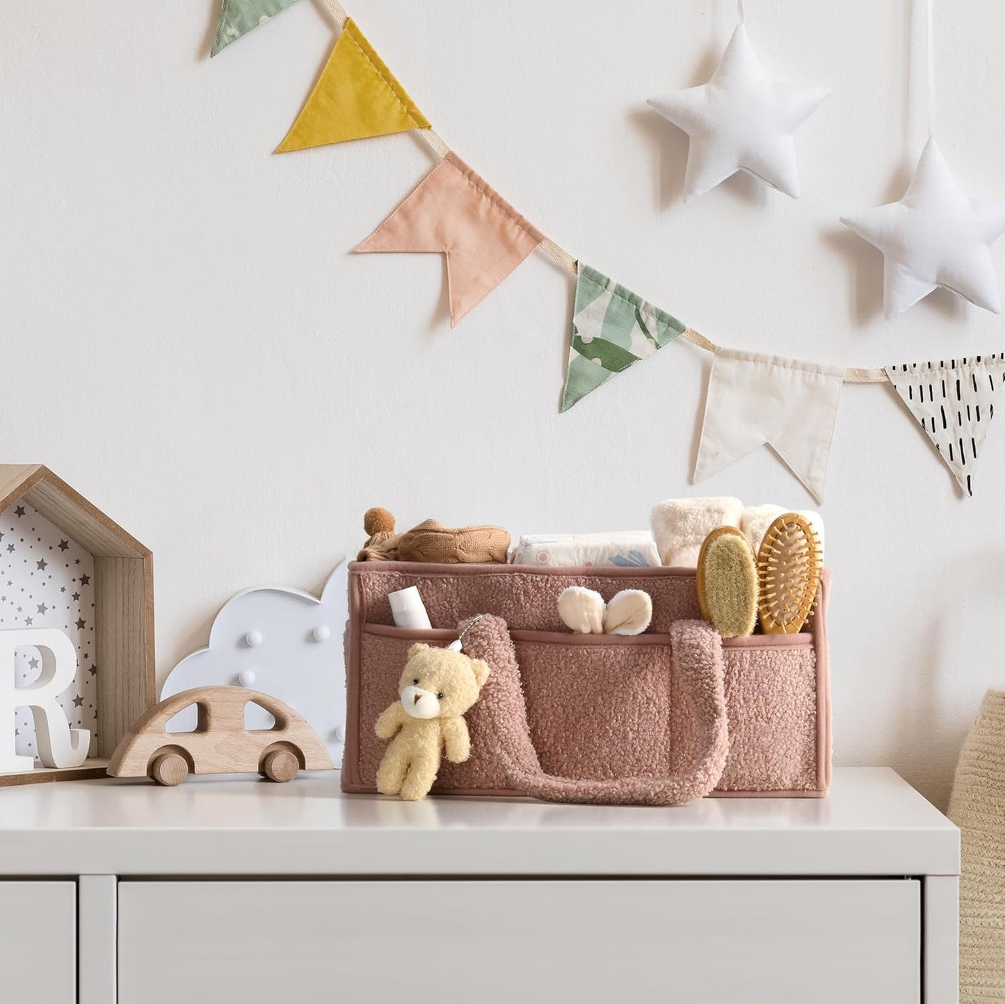 Baby Nappy Caddy Organiser – Plush Sherpa Storage Basket with Compartments – Elvoria