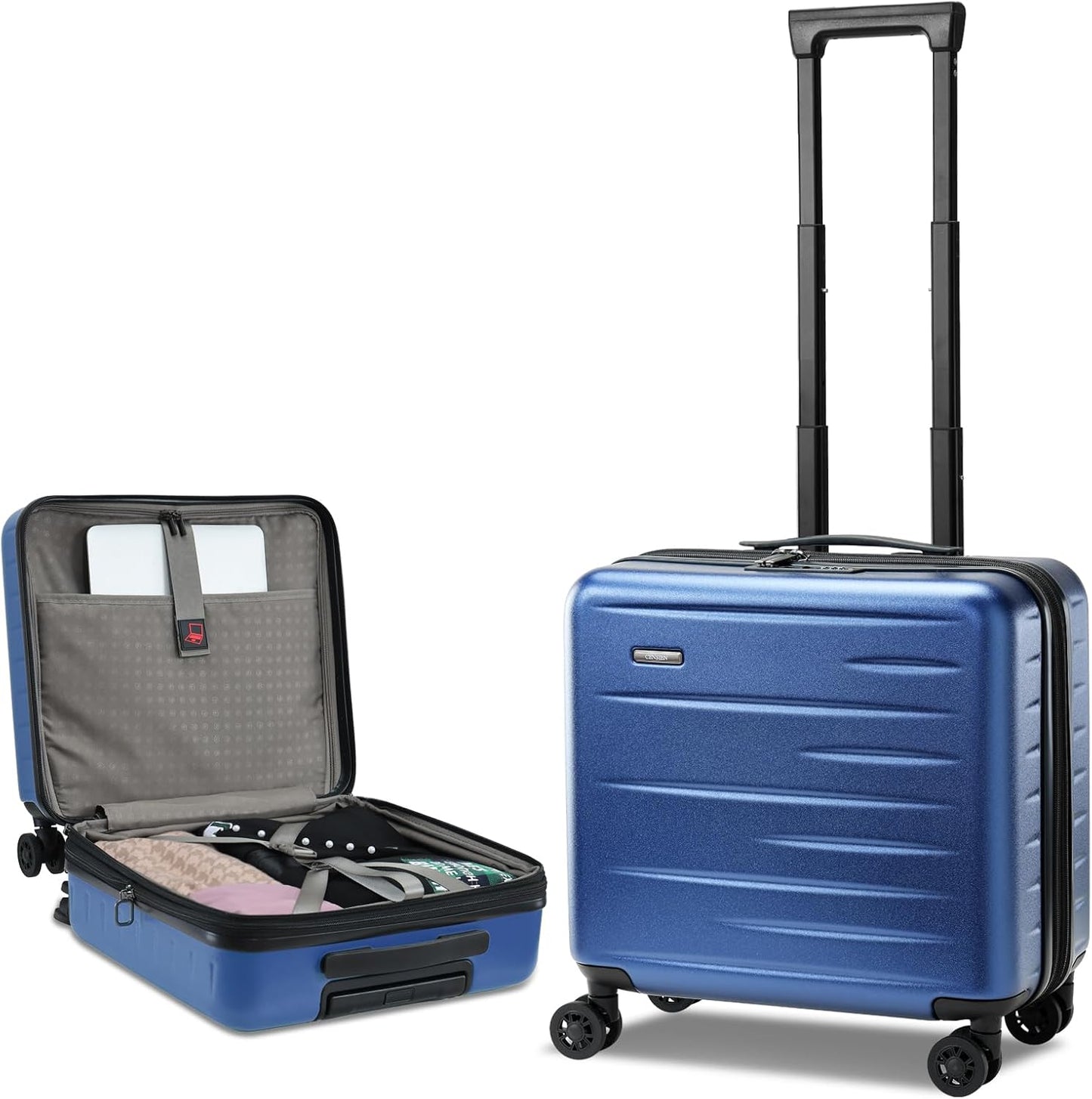 Expandable hard-shell suitcase with front compartment and TSA lock.