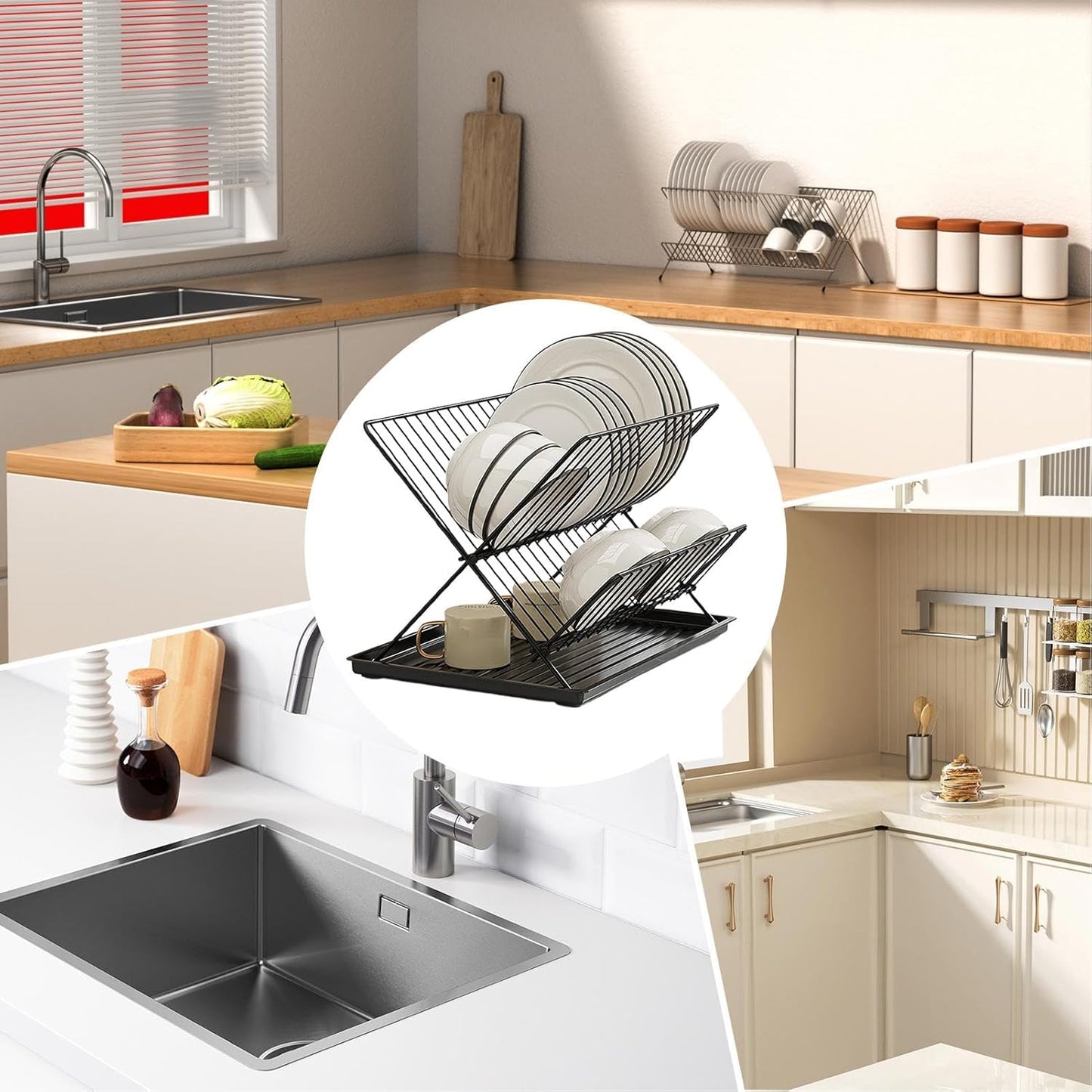Foldable dish drainer – 2-tier kitchen drying rack with removable tray – Kelvra