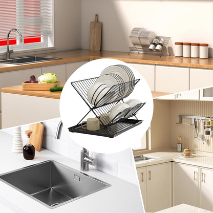 Foldable dish drainer – 2-tier kitchen drying rack with removable tray – Kelvra