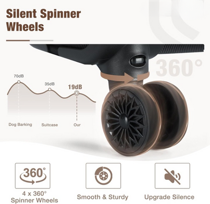 Expandable under-seat cabin bag with spinner wheels and a laptop compartment