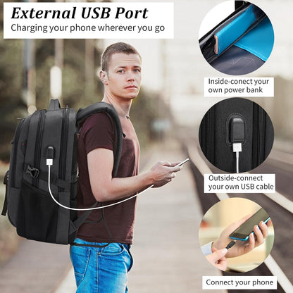 Waterproof travel laptop backpack with USB port and organised storage