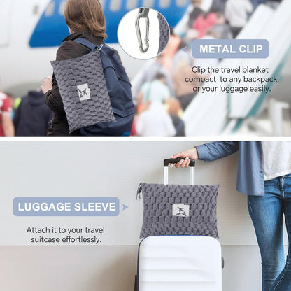 Packable Flannel Travel Blanket with Pillow Pocket and Suitcase Handle Slot – Trevora