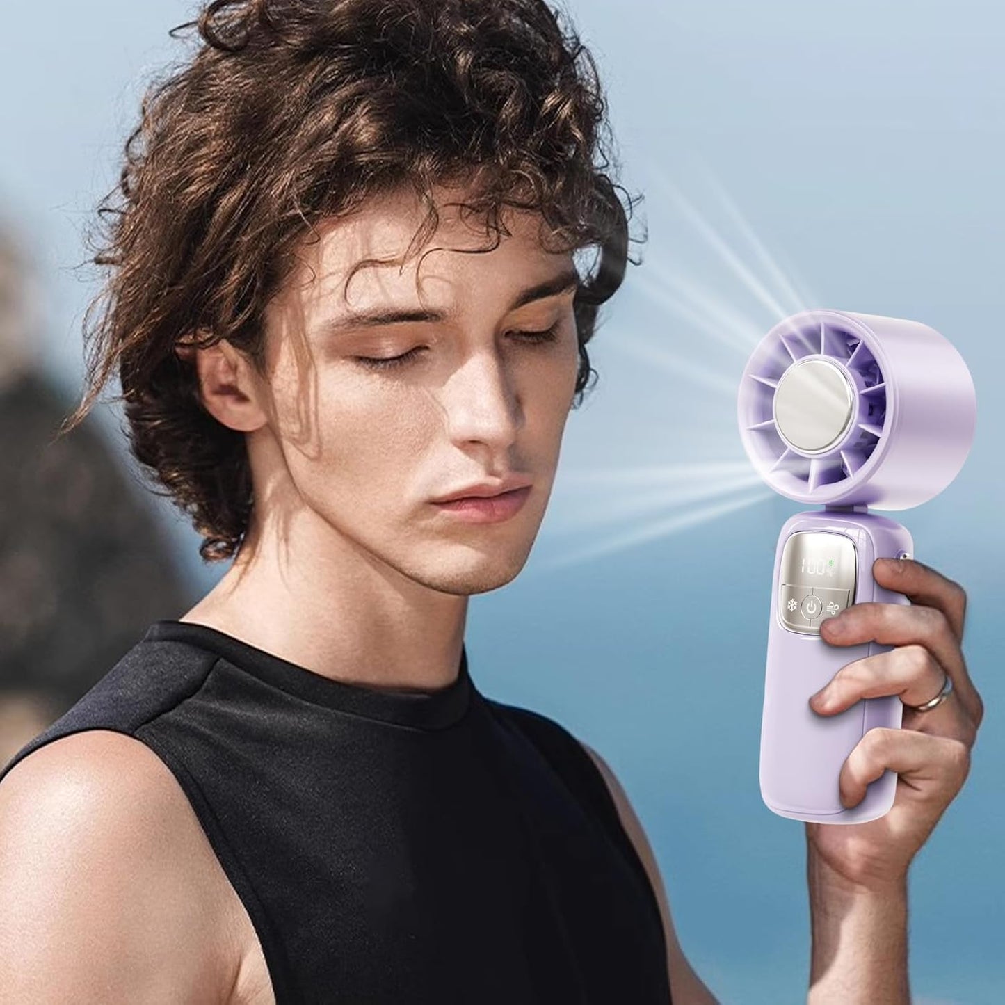 Portable, foldable hand-held fan with LED display, 100 speed settings