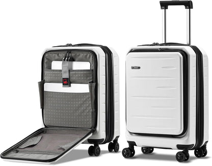 Expandable hard-shell suitcase with front compartment and TSA lock.