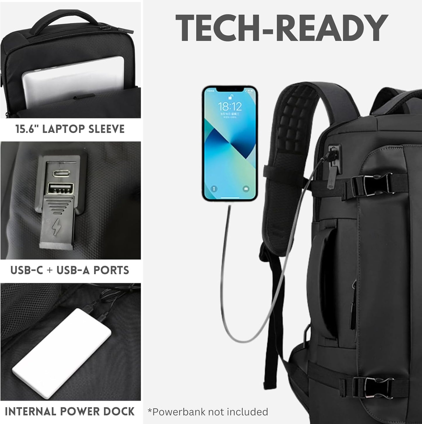 15" waterproof laptop rucksack with side opening & USB‑C port – TrekPro Series