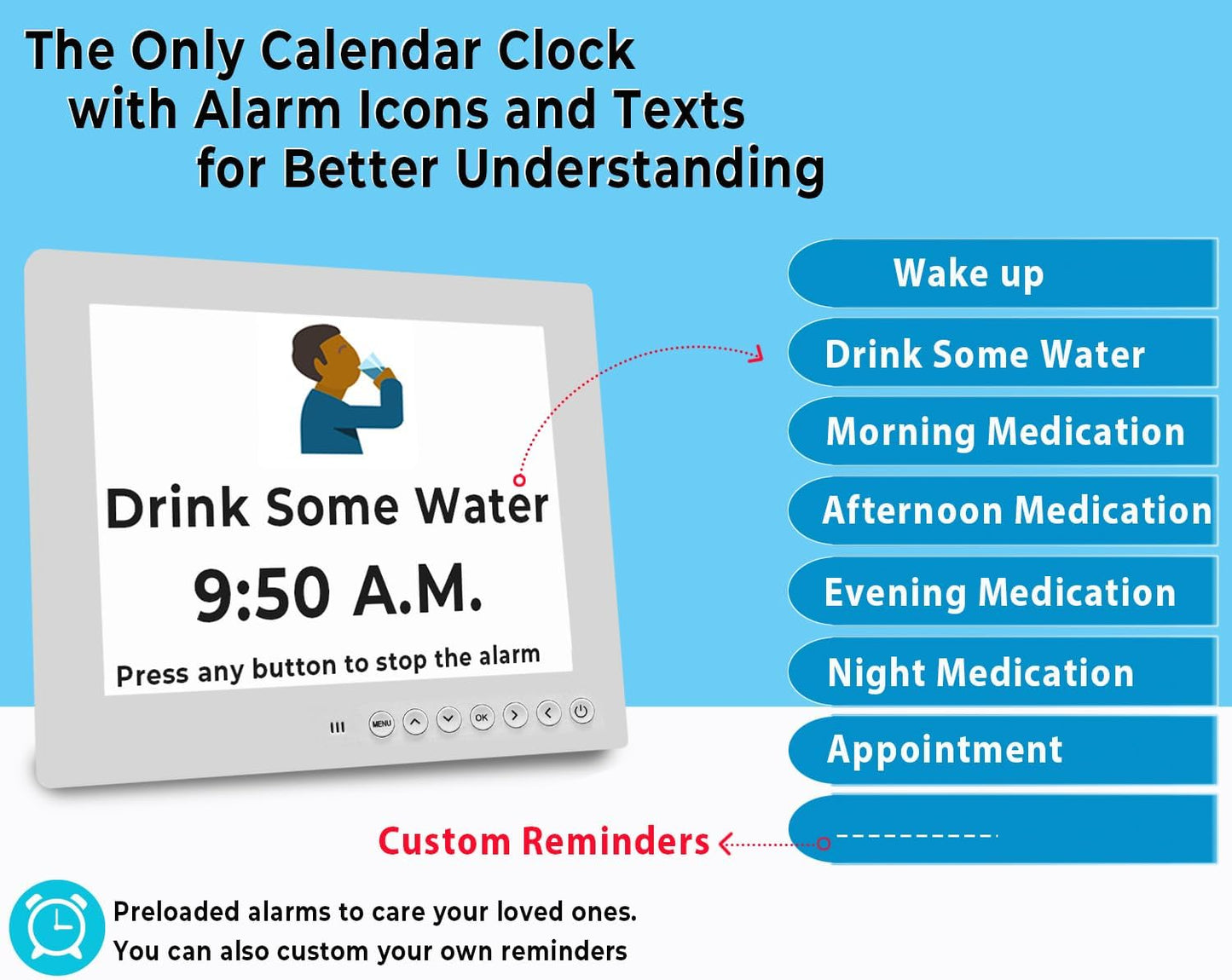 11.5-inch digital calendar day clock with 19 reminders – Claryon