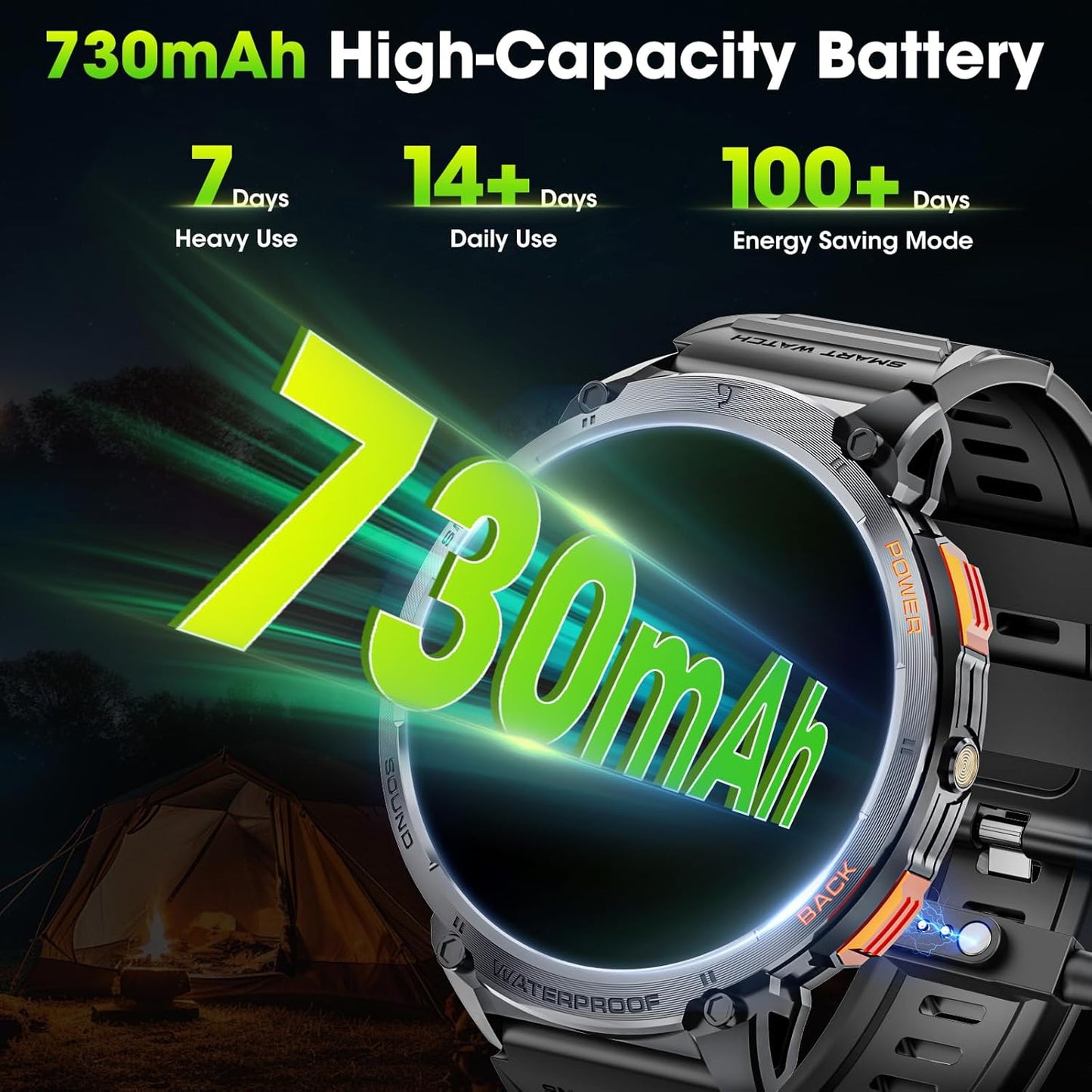 Men's military smartwatch with a 1.85-inch HD display and torch.