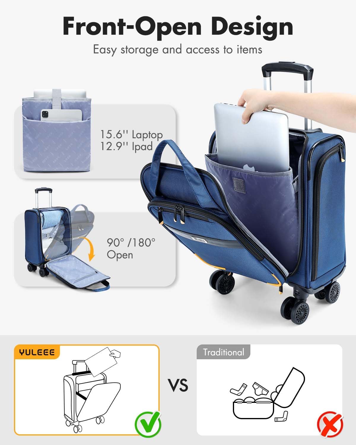 Airline-approved under-seat hand luggage with spinner wheels and a laptop compartment