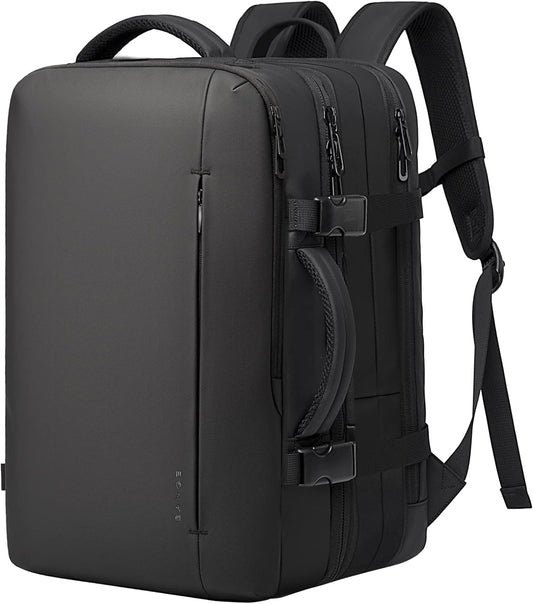 Expandable 26–45 L waterproof travel backpack with laptop compartment and duffel option.