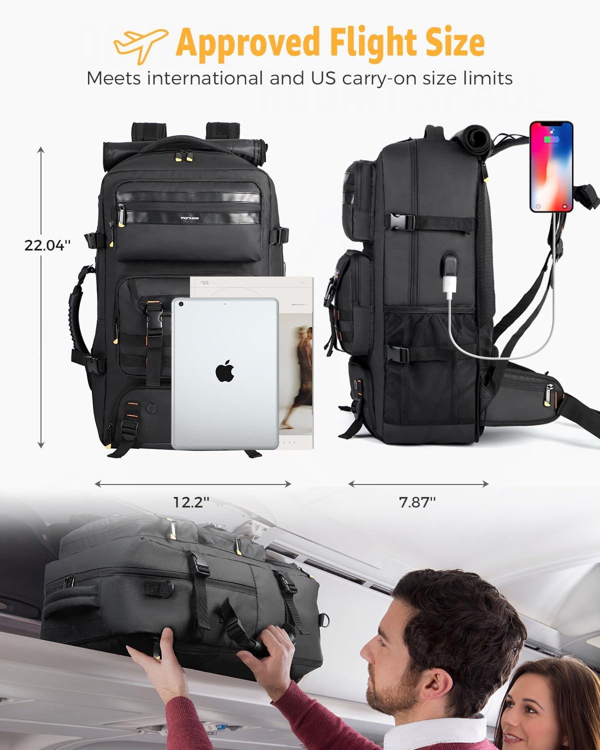 50L airline-approved travel rucksack with shoe compartment and fold-away carry strap