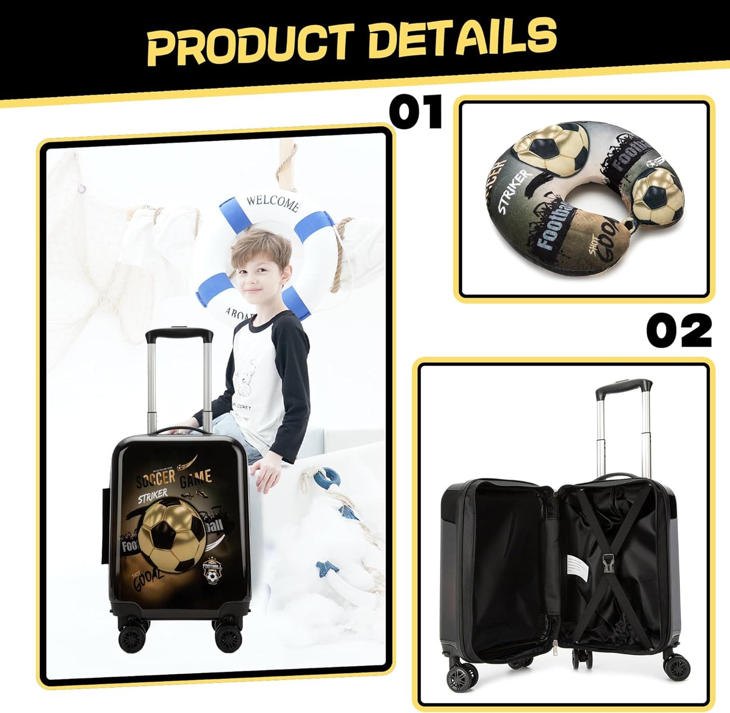 Kids' hard-shell cabin luggage set with spinner wheels – Game Day