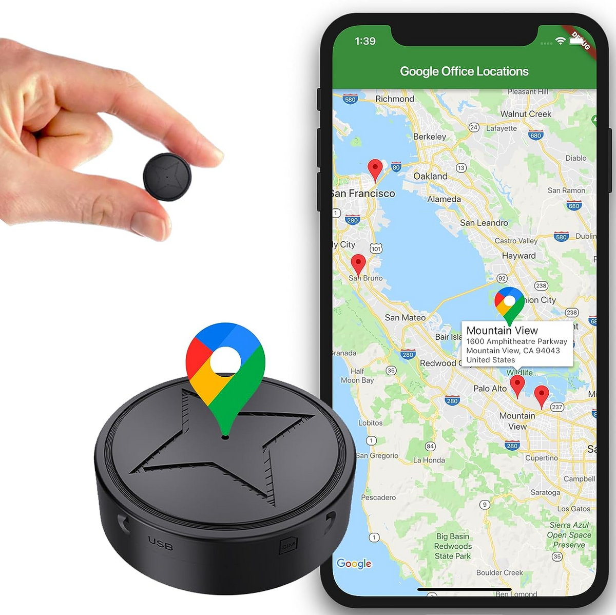 Small round black tracker held between finger and thumb, beside a close-up of it and a smartphone showing a map with location pins. 1