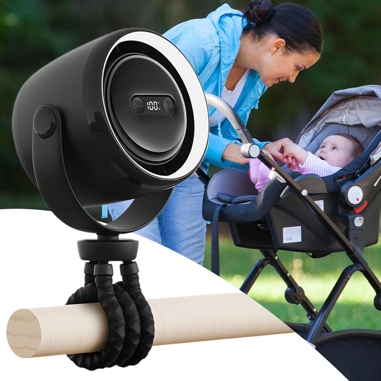 Rechargeable clip-on pram fan with night light — 100 speed settings