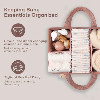 Baby Nappy Caddy Organiser – Plush Sherpa Storage Basket with Compartments – Elvoria