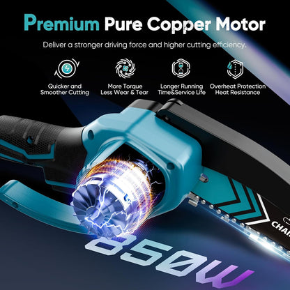 Cordless 6-inch Mini Chainsaw with LED Light and 21 V Battery – TimberCut