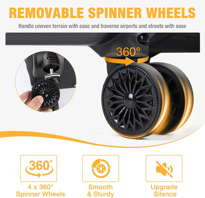30L rolling backpack for laptops with four spinner wheels and a water-repellent design.