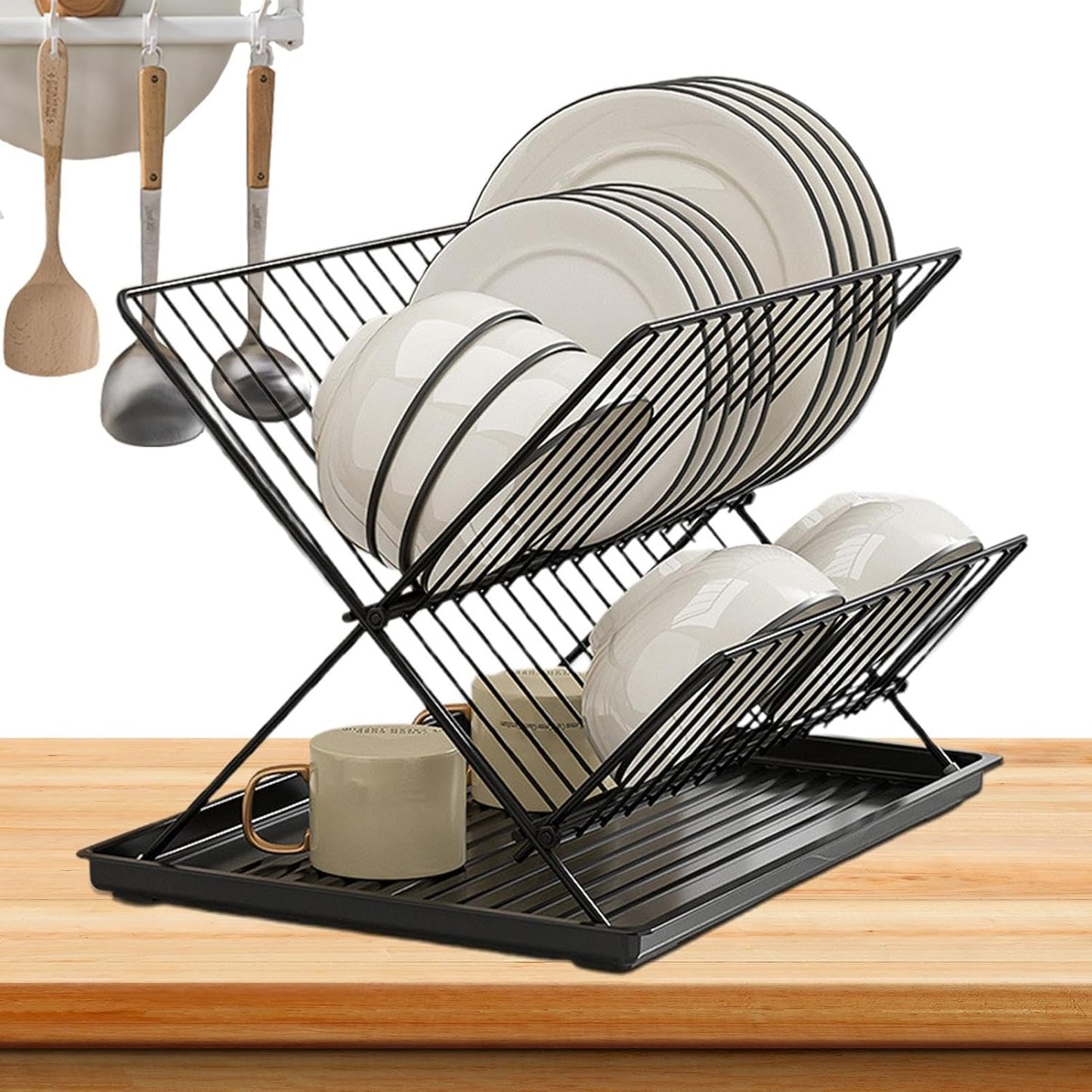 Foldable dish drainer – 2-tier kitchen drying rack with removable tray – Kelvra