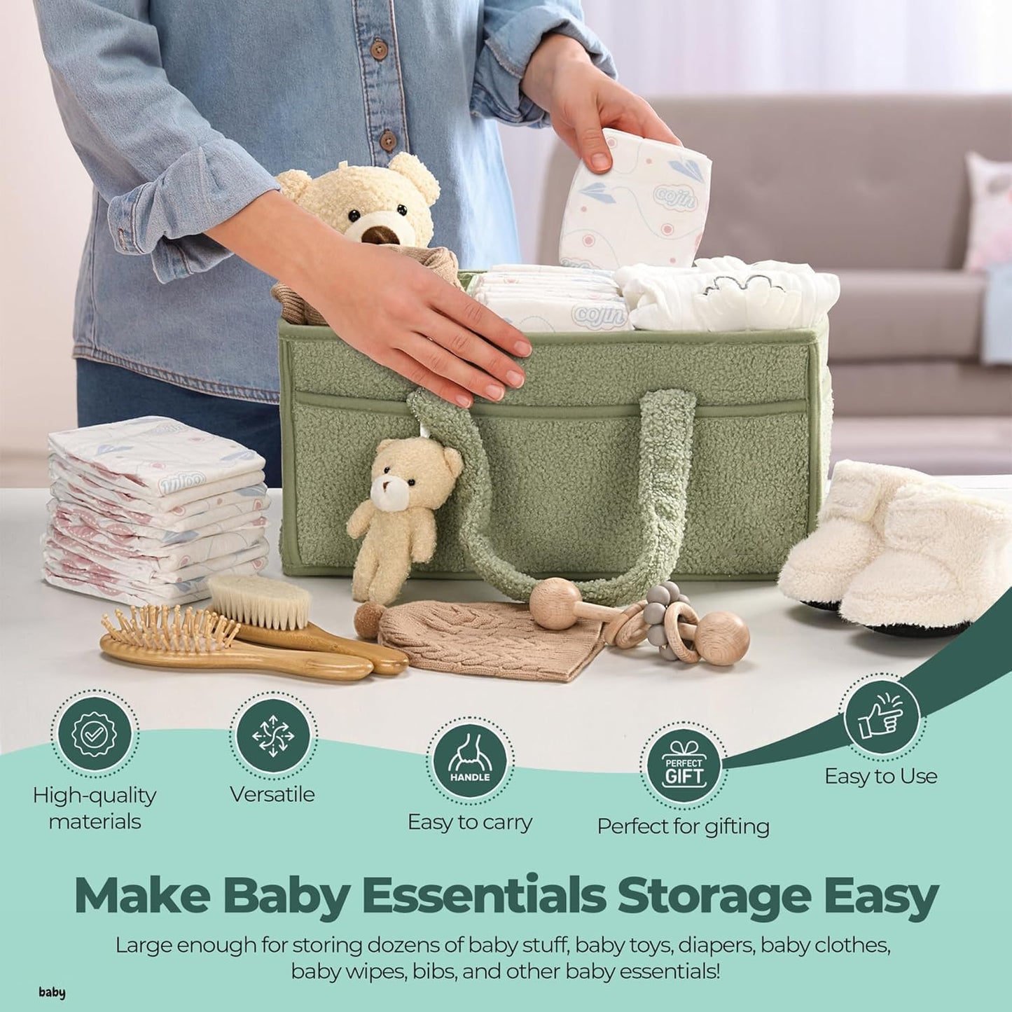 Baby Nappy Caddy Organiser – Plush Sherpa Storage Basket with Compartments – Elvoria