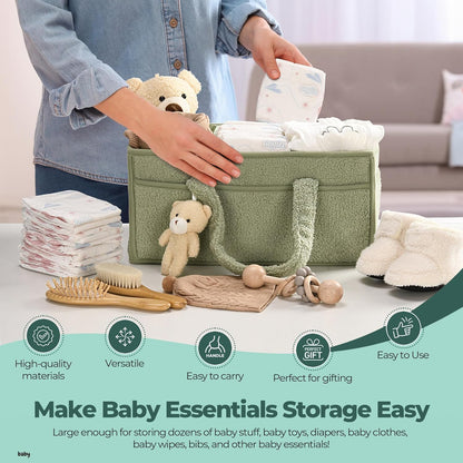 Baby Nappy Caddy Organiser – Plush Sherpa Storage Basket with Compartments – Elvoria