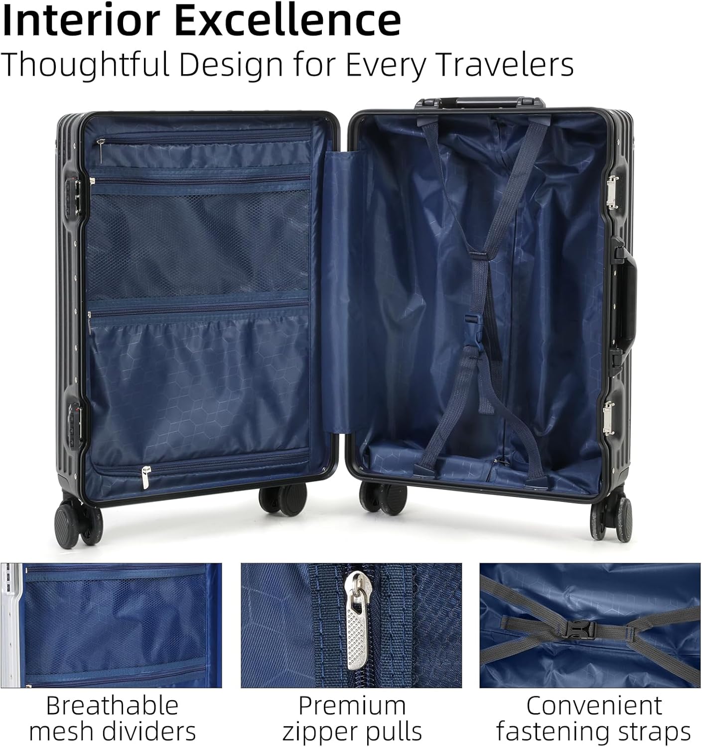 Aluminium-framed hand luggage with TSA lock and quiet wheels