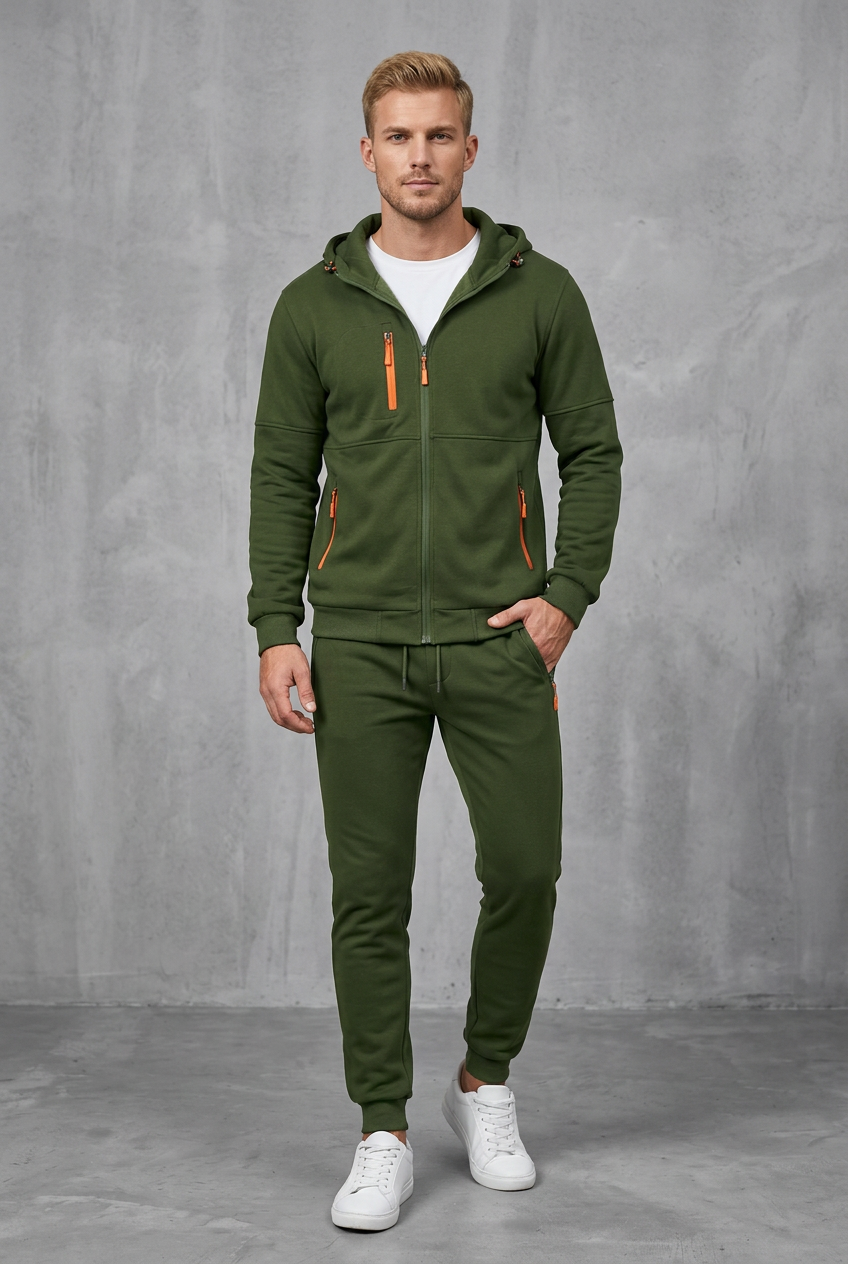 Front view of the olive green set with bright orange zips, worn over a white T-shirt 6