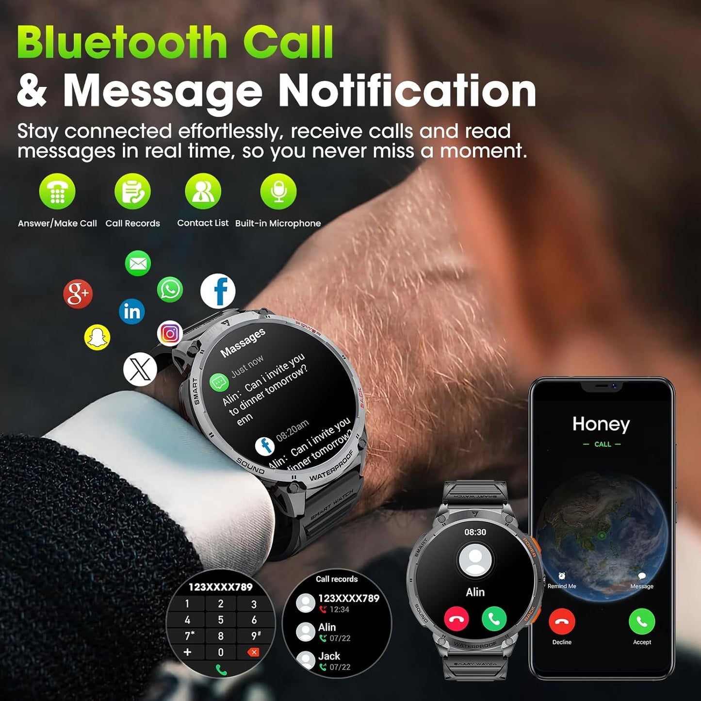 Men's military smartwatch with a 1.85-inch HD display and torch.