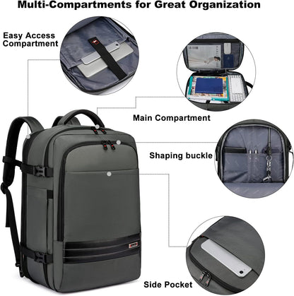 Expandable 45–55 L waterproof travel backpack with 46.5 cm laptop compartment