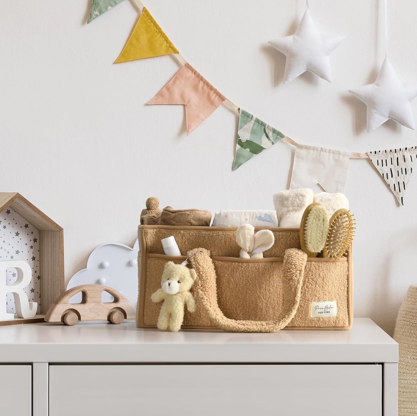 Baby Nappy Caddy Organiser – Plush Sherpa Storage Basket with Compartments – Elvoria