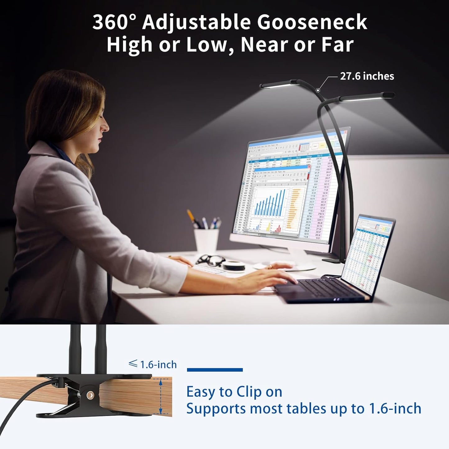 77-LED clip-on desk lamp with 70 cm flexible gooseneck – Ravien