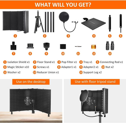 Three-layer foldable microphone isolation shields with tripod stand