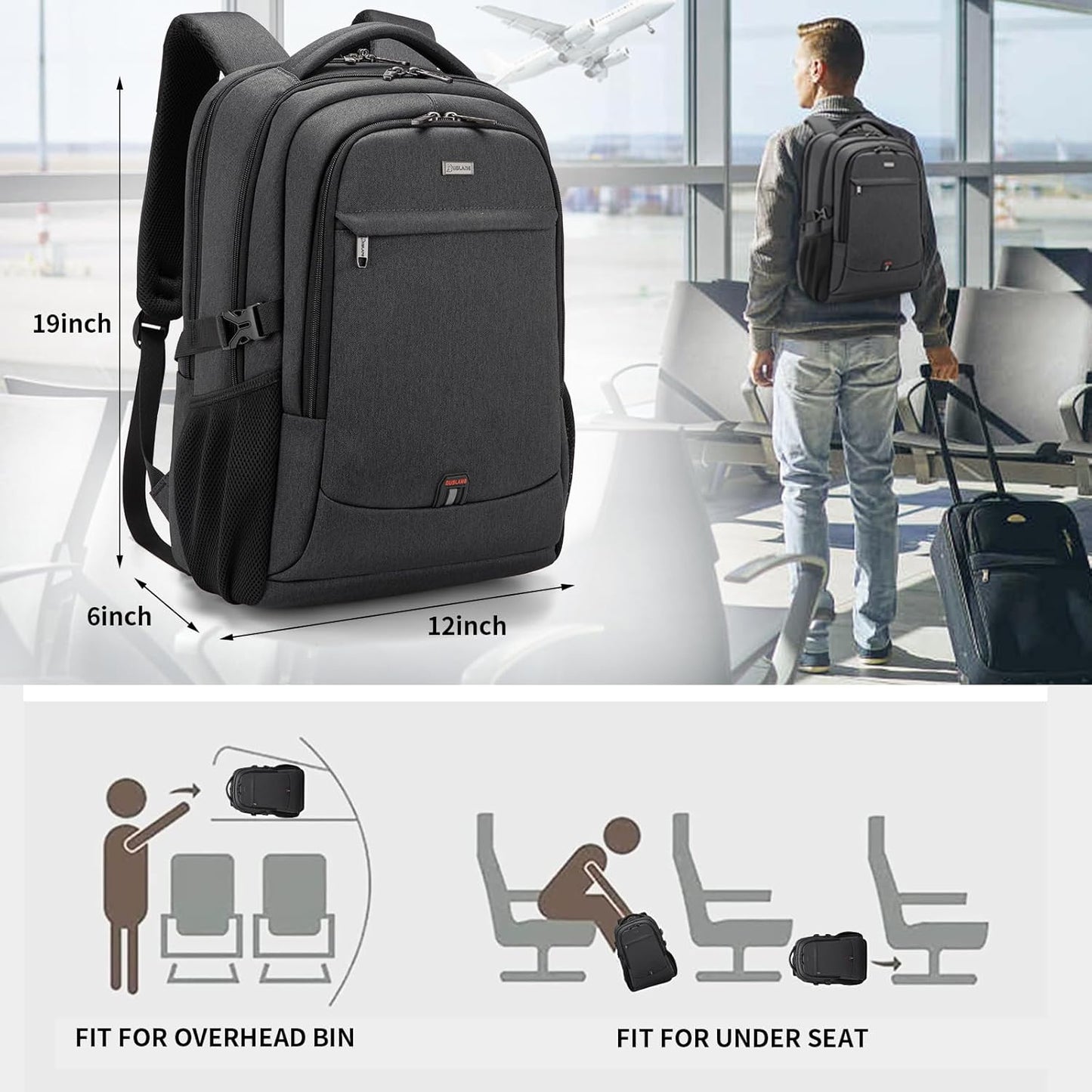 Waterproof travel laptop backpack with USB port and organised storage