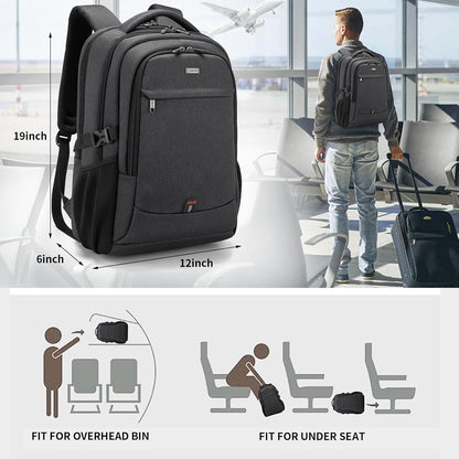 Waterproof travel laptop backpack with USB port and organised storage