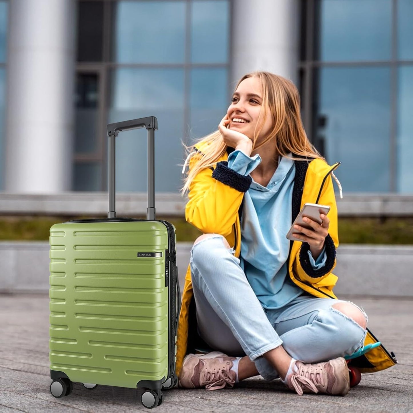 Extendable hard-shell suitcase with spinner wheels and TSA lock.